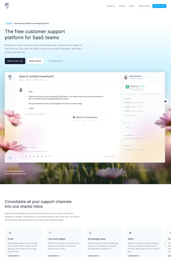 Fernand — The free customer support platform for SaaS teams - Landing design inspiration