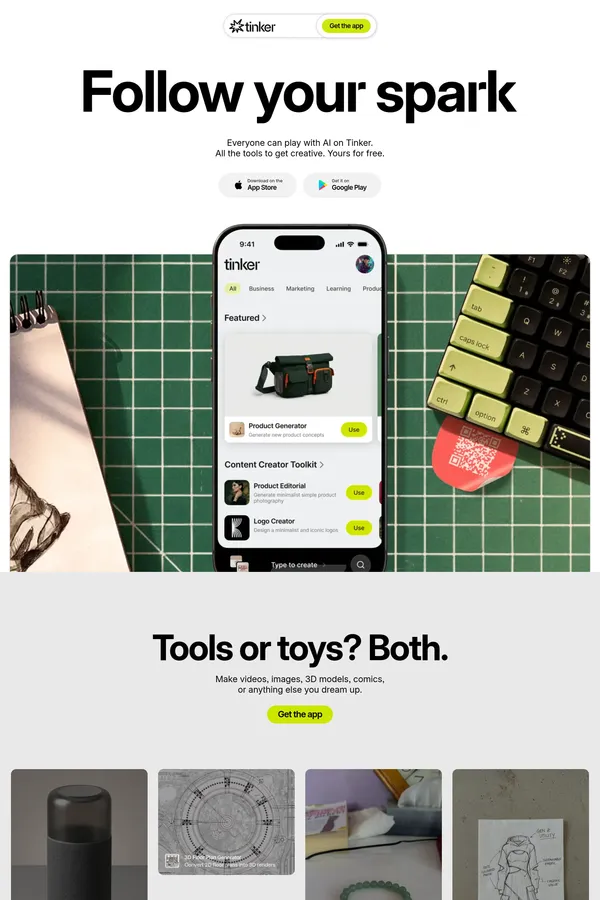 Tinker — Play with AI, bring your ideas to life - Landing design inspiration