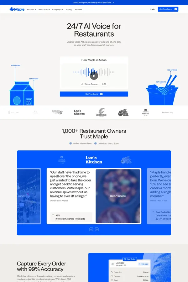Maple | Voice AI That Answers Calls & Takes Orders for Restaurants - Landing design inspiration
