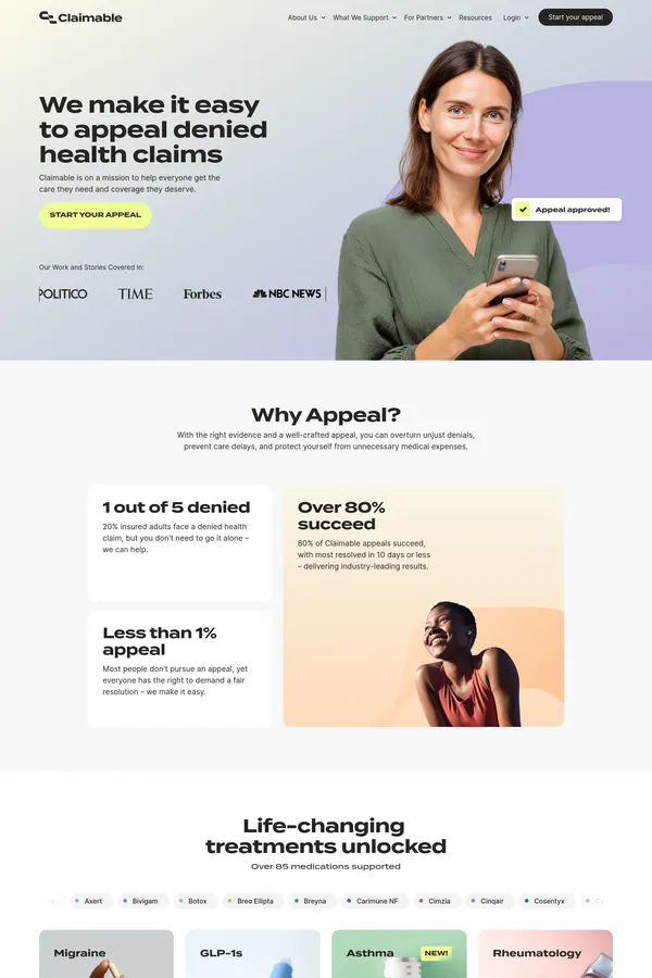 Claimable | Easily appeal denied health claims - Landing design inspiration