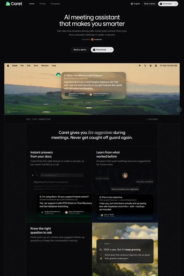 Caret - AI meeting assistant that makes you smarter | Caret - Landing design inspiration