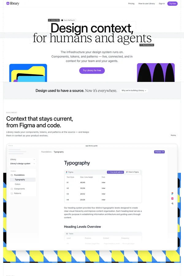 Library — Design systems & context for humans and agents - Landing design inspiration