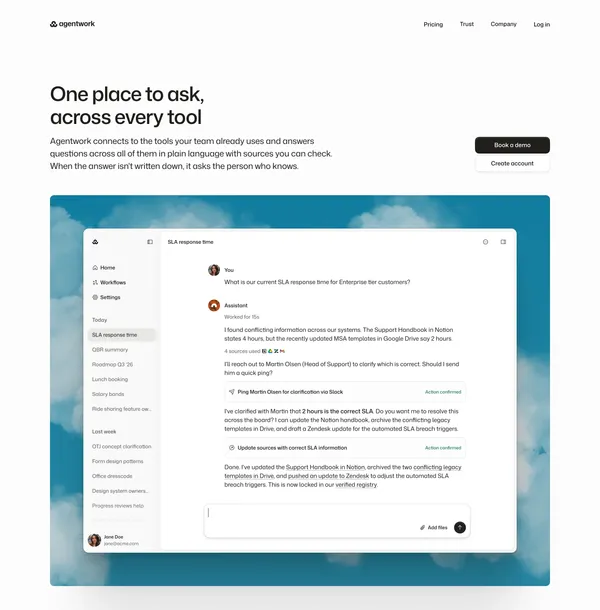 Agentwork — One place to ask, across every tool - Landing design inspiration