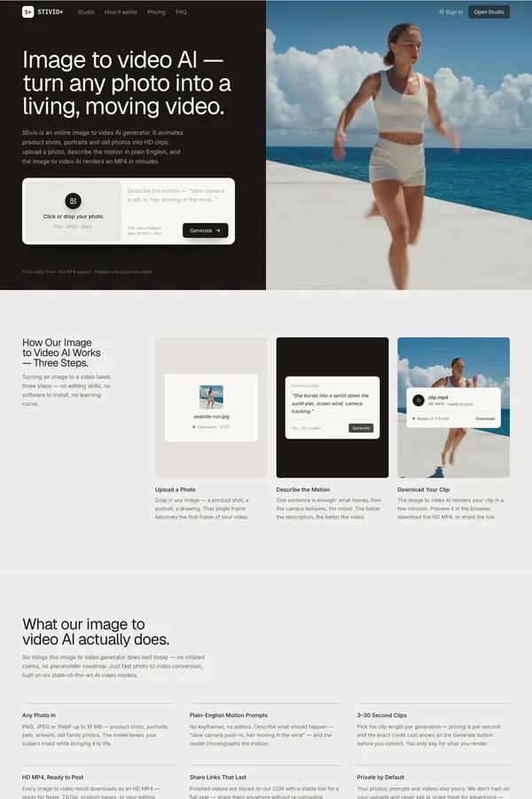 Stivio — Image to Video AI Generator | Photos to HD Video - Landing design inspiration