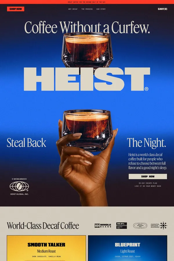 Specialty Decaf and 1/4 Caf Coffee without a Curfew – Heist - Ecommerce design inspiration