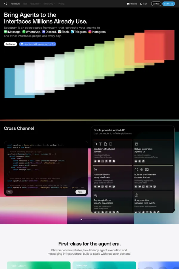 Spectrum by Photon | Bring your agents to iMessage, WhatsApp, Telegram, Slack, and beyond - Landing design inspiration