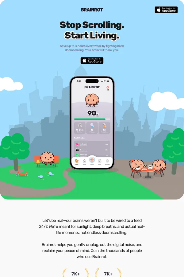 Brainrot - Stop scrolling. Start living. - Product page design inspiration
