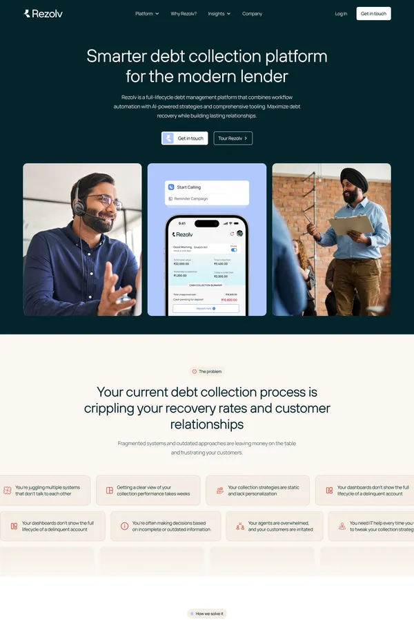 Rezolv - AI-Native Comprehensive Debt Collection Platform - Landing design inspiration