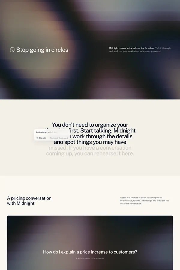 Midnight | An AI voice advisor for founders - Landing design inspiration