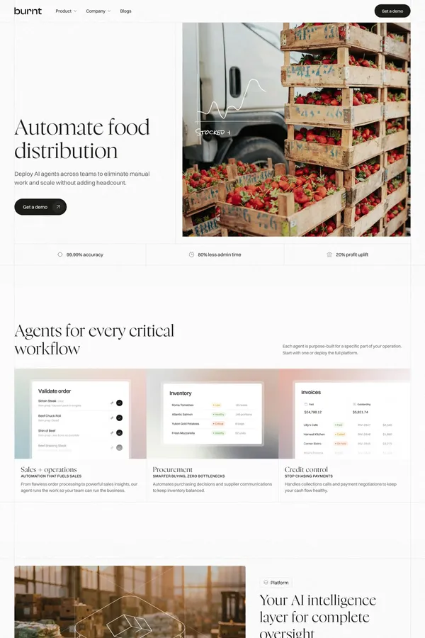 Automate Food Distribution with AI Agents | Burnt - Landing design inspiration