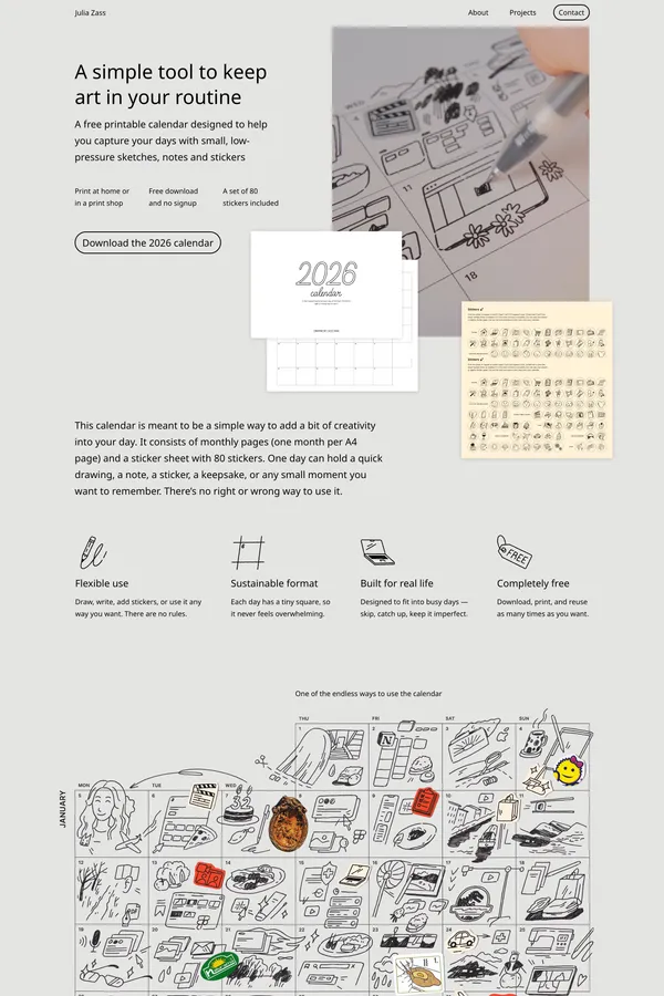 Free printable drawing calendar 2026