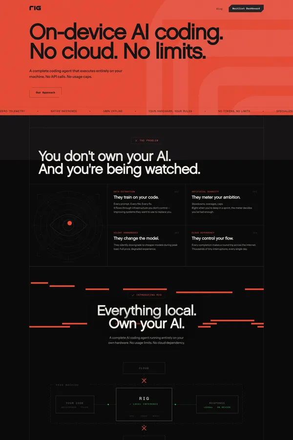 Rig - Local-First AI Coding Assistant - Landing design inspiration