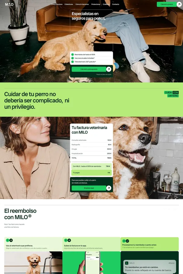 Milo: el mejor seguro para tu perro 100% reembolso en gastos veterinarios - Landing design inspiration