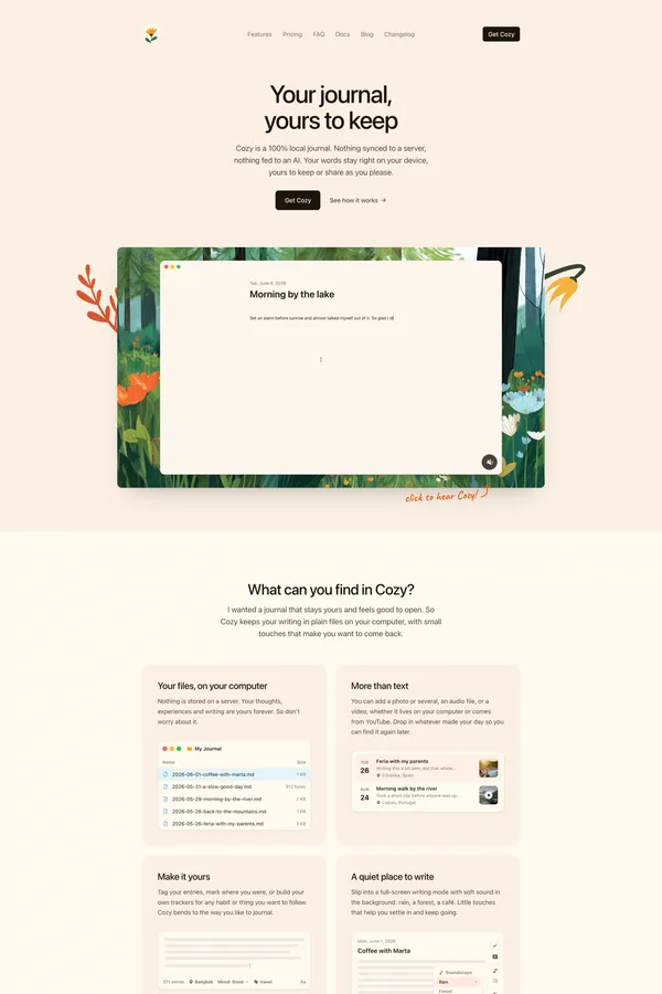 Cozy is the local-first private diary - Landing design inspiration