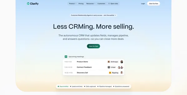 Clarify - The autonomous CRM for founder-led startups - Landing design inspiration