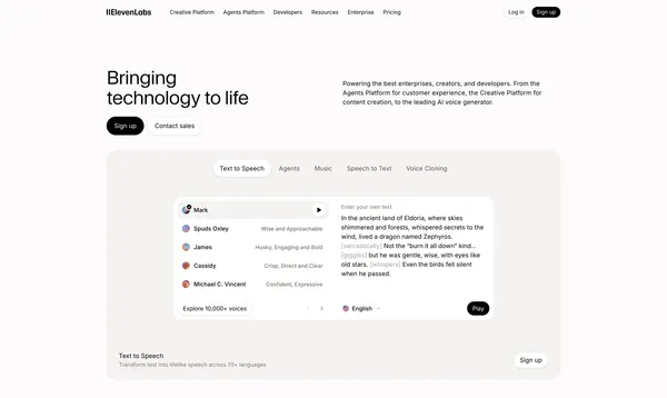 Free AI Voice Generator & Voice Agents Platform | ElevenLabs - Landing design inspiration