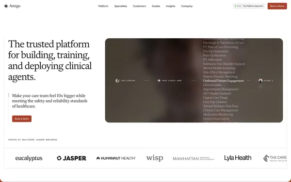 Amigo - The Trusted Platform for Building, Training, and Deploying Clinical Agents - Landing design inspiration