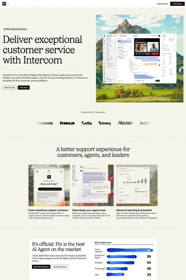 Intercom | AI Customer Service Platform - Landing design inspiration