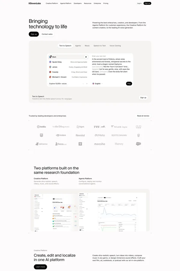 Free AI Voice Generator & Voice Agents Platform | ElevenLabs - Landing design inspiration