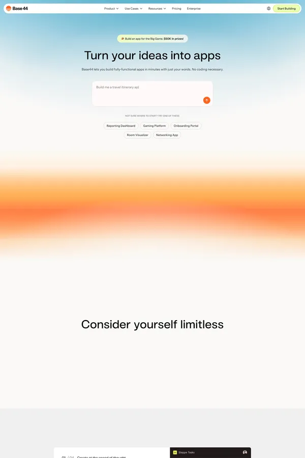Build Apps with AI in Minutes | Base44 - Landing design inspiration