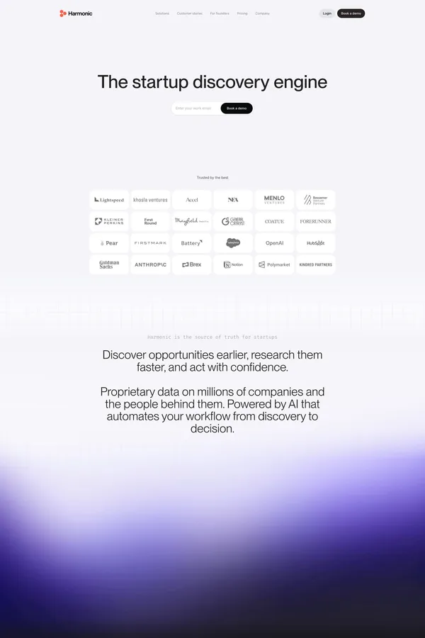 Harmonic.ai - The complete startup database - Landing design inspiration