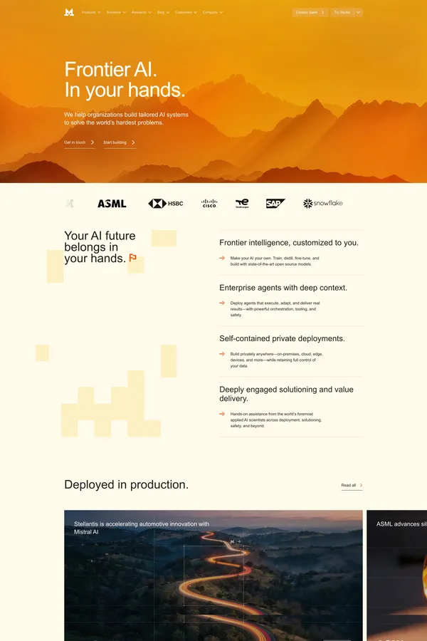 Frontier AI LLMs, assistants, agents, services | Mistral AI - Landing design inspiration