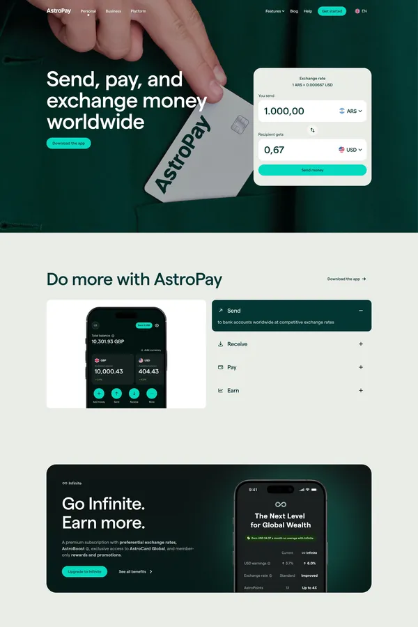 Global Payments, Cards & Accounts Without Borders - AstroPay - Landing design inspiration