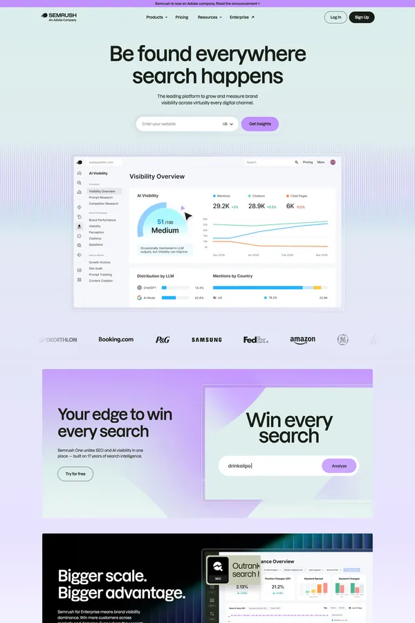 Semrush: Your Unfair Advantage for Growing Brand Visibility - Landing design inspiration