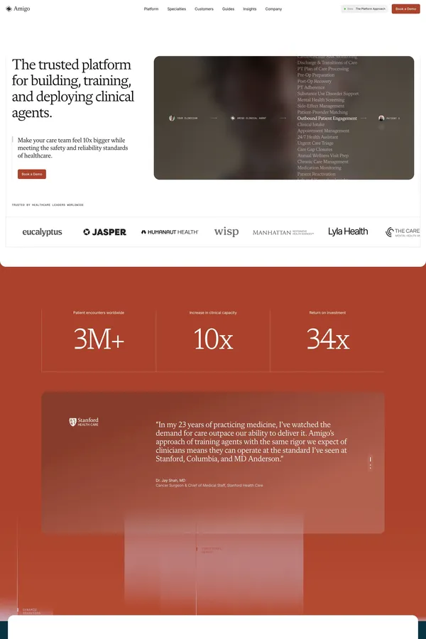 Amigo - The Trusted Platform for Building, Training, and Deploying Clinical Agents - Landing design inspiration