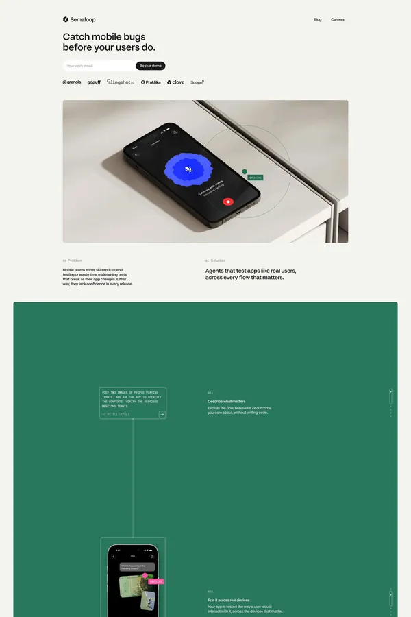 Semaloop – Catch mobile bugs before your users do - Landing design inspiration