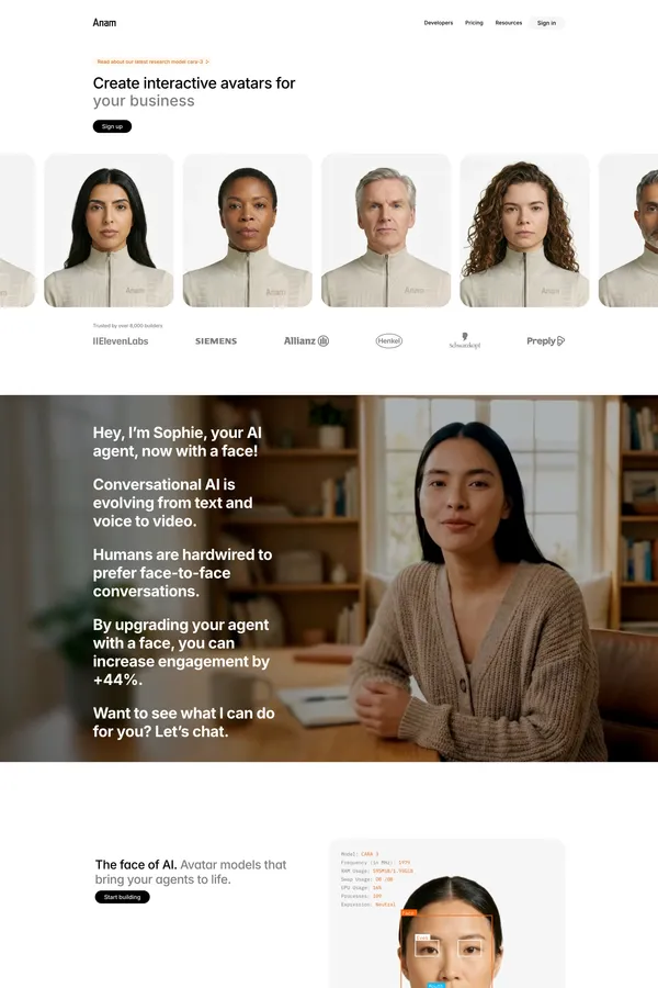 Anam - Real-Time Interactive AI Avatars API - Landing design inspiration