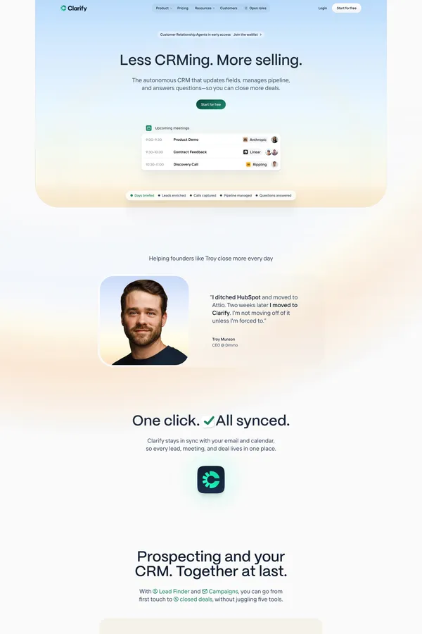 Clarify - The autonomous CRM for founder-led startups - Landing design inspiration