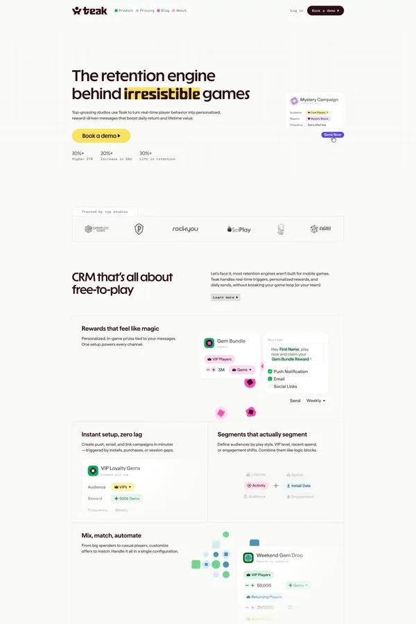 Teak | Retention engine for top grossing F2P games - Landing design inspiration