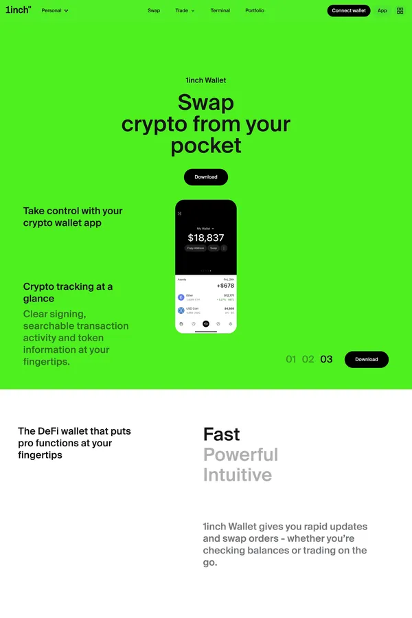 1inch Wallet | The Secure Crypto Wallet App for DeFi & Swaps - Landing design inspiration
