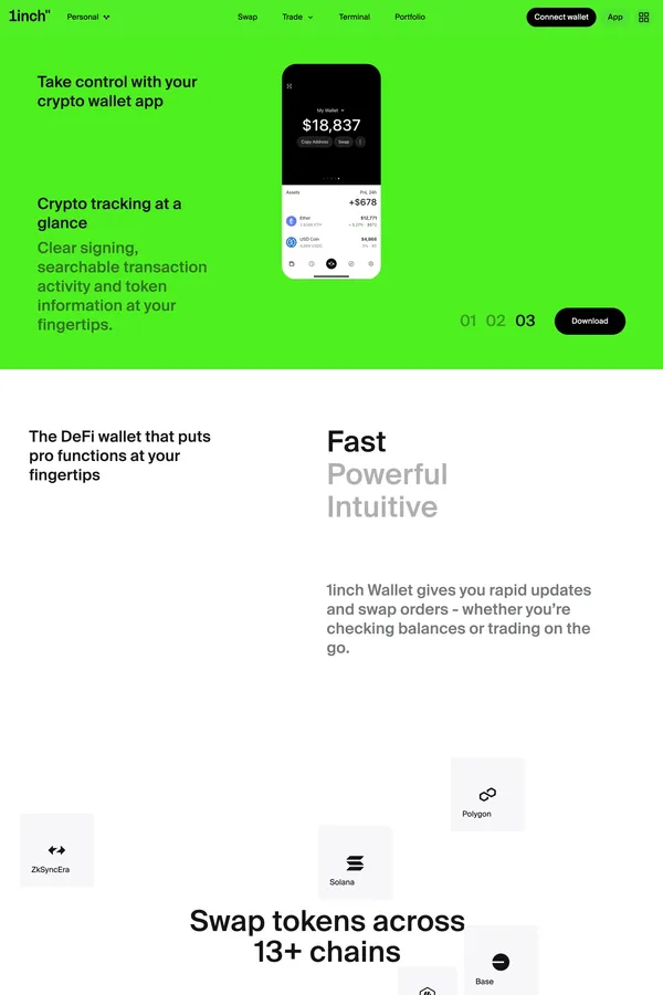 1inch Wallet | The Secure Crypto Wallet App for DeFi & Swaps - Landing design inspiration