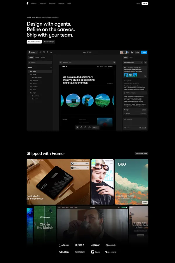 Framer: Create a professional website, free. No code website builder loved by designers. - Landing design inspiration