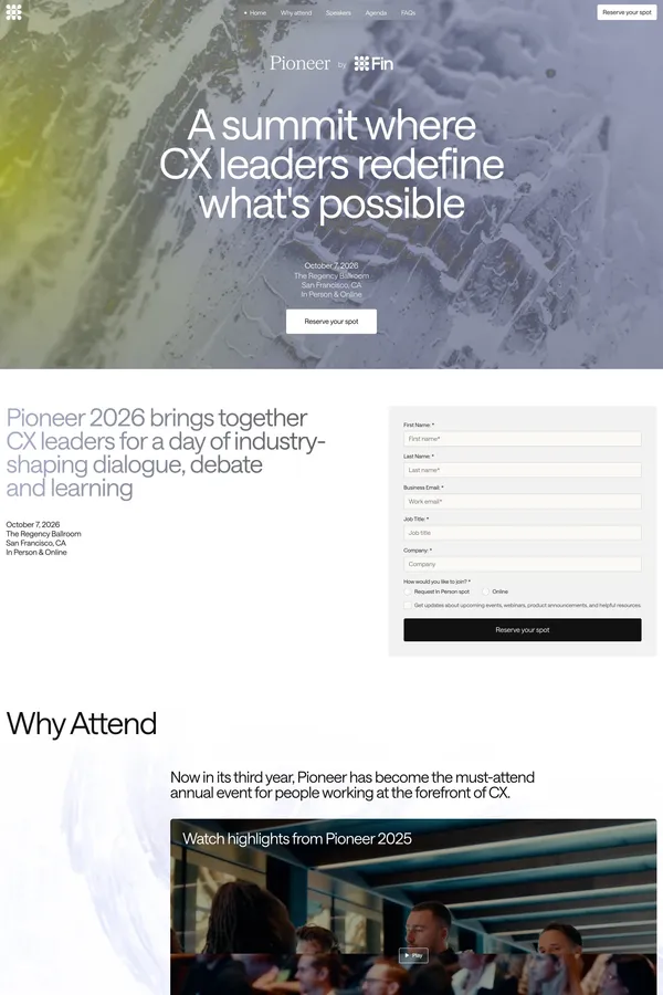 Pioneer by Fin | A summit where CX leaders redefine what's possible - Landing design inspiration