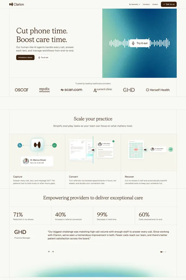 Clarion | Automate phone based workflows with conversational AI - Landing design inspiration