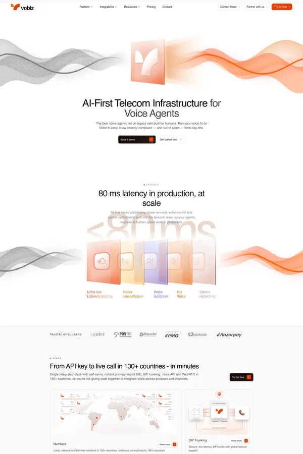 SIP Trunk India | Voice API & Programmable Telephony â Vobiz - Landing design inspiration