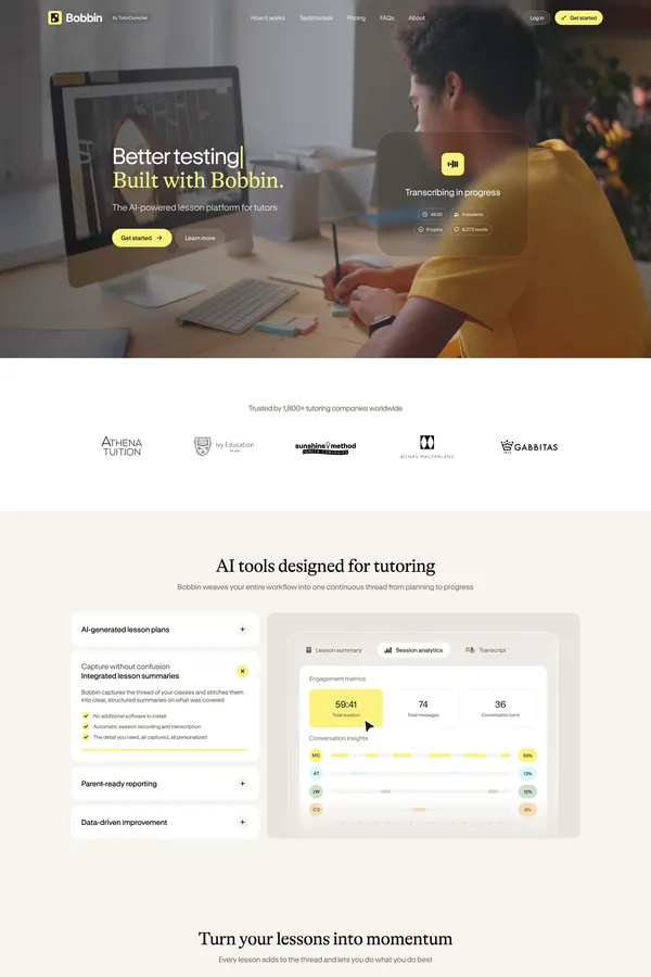 Bobbin - AI lesson planning for tutors | TutorCruncher - Landing design inspiration