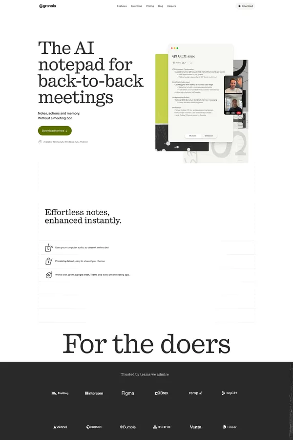 Granola — The AI Notepad for back-to-back meetings - Landing design inspiration