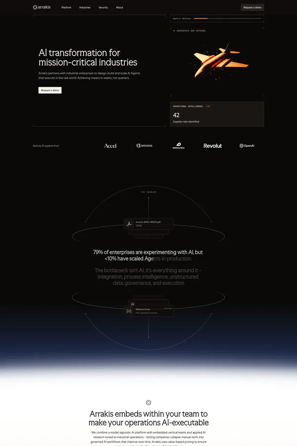 AI transformation for mission-critical industries | Arrakis - Landing design inspiration
