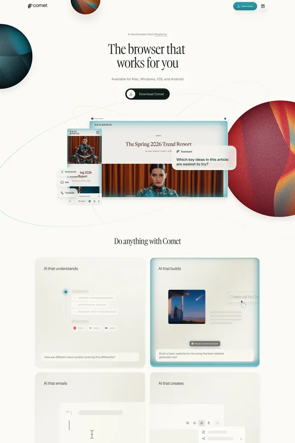 Comet Browser: a Personal AI Assistant - Landing design inspiration