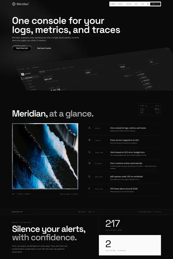 Meridian — one quiet console for logs, metrics, and traces - Template design inspiration