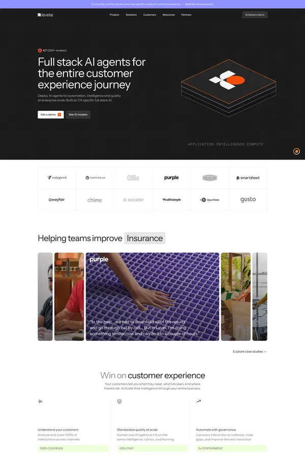 AI + human intelligence through the full customer journey | Level AI - Landing design inspiration