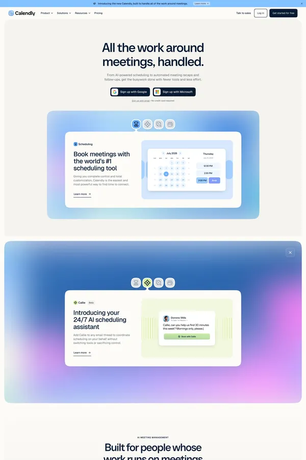 Meeting Scheduling Software and AI Meeting Tools | Calendly - Landing design inspiration