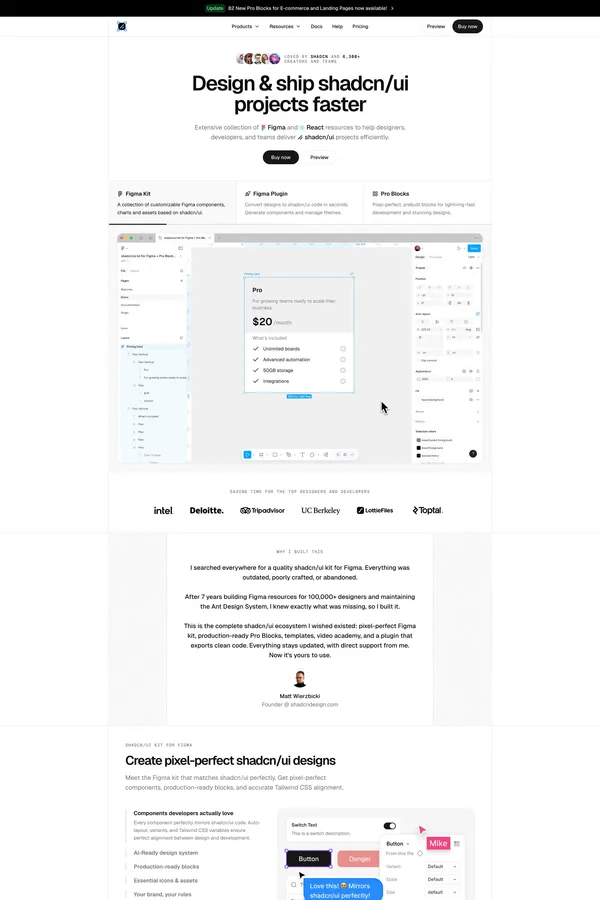 shadcn/ui kit for Figma, Pro Blocks & Templates - Landing design inspiration