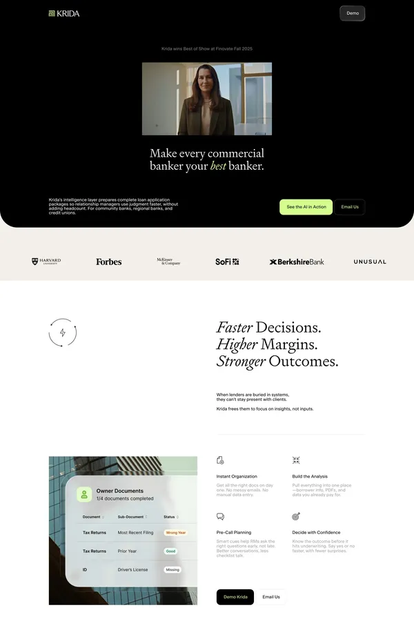 Krida — Intelligent Software for Commercial Lenders - Landing design inspiration