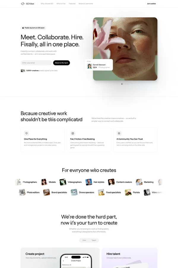 ISO Meet - Connect, Collaborate & Hire Creative Talent - Landing design inspiration