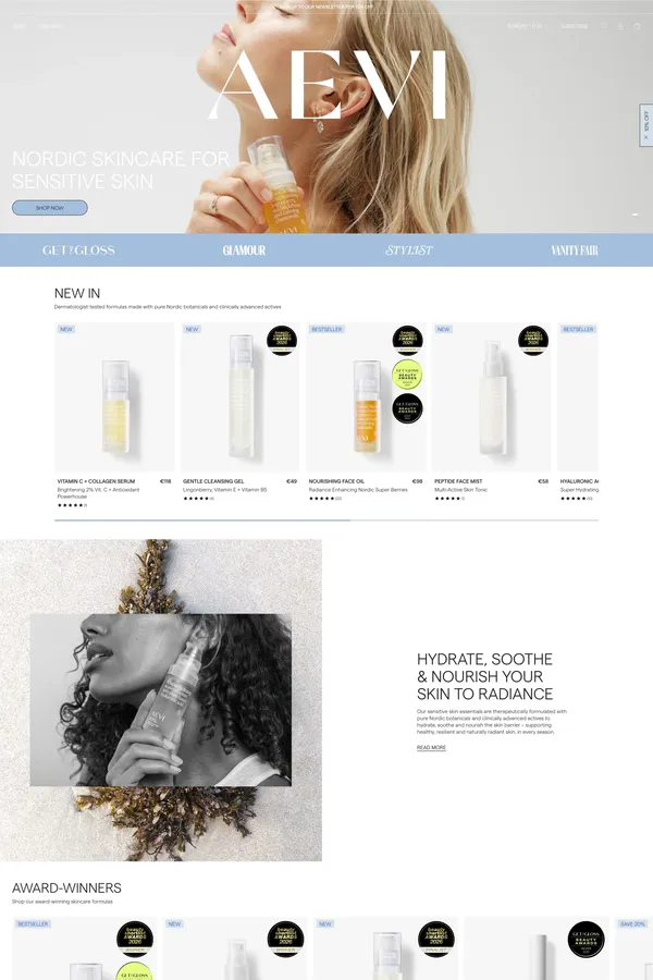 Aevi | Nordic Skincare for Sensitive Skin - Ecommerce design inspiration